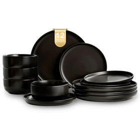 EWFEN 12-piece plates and bowls set dinner plates in sleek black glaze for stylish dining