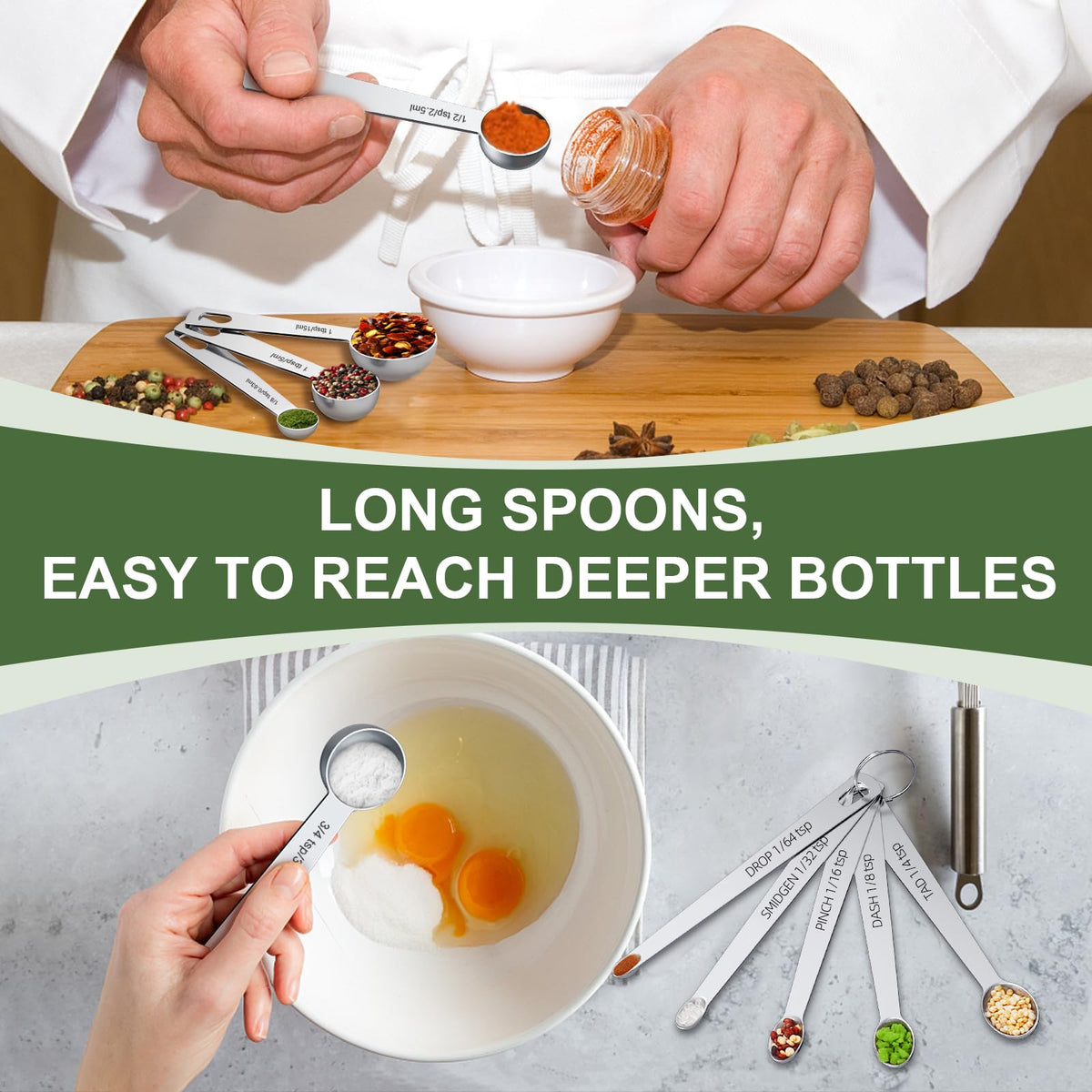 EWFEN slim rectangular spoons fit into tight spice jars for precise measurement.