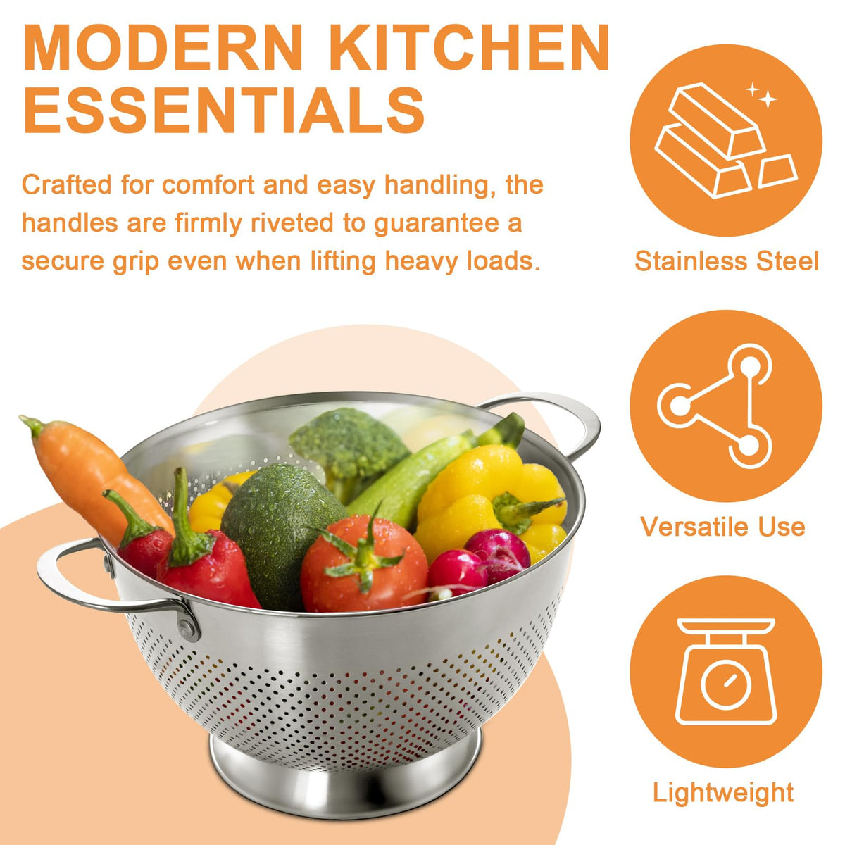 EWFEN rust-resistant stainless steel colander for long-lasting performance.
