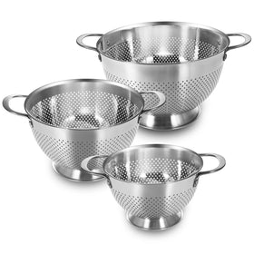 EWFEN stainless steel colander set assembled for nesting storage and prep.
