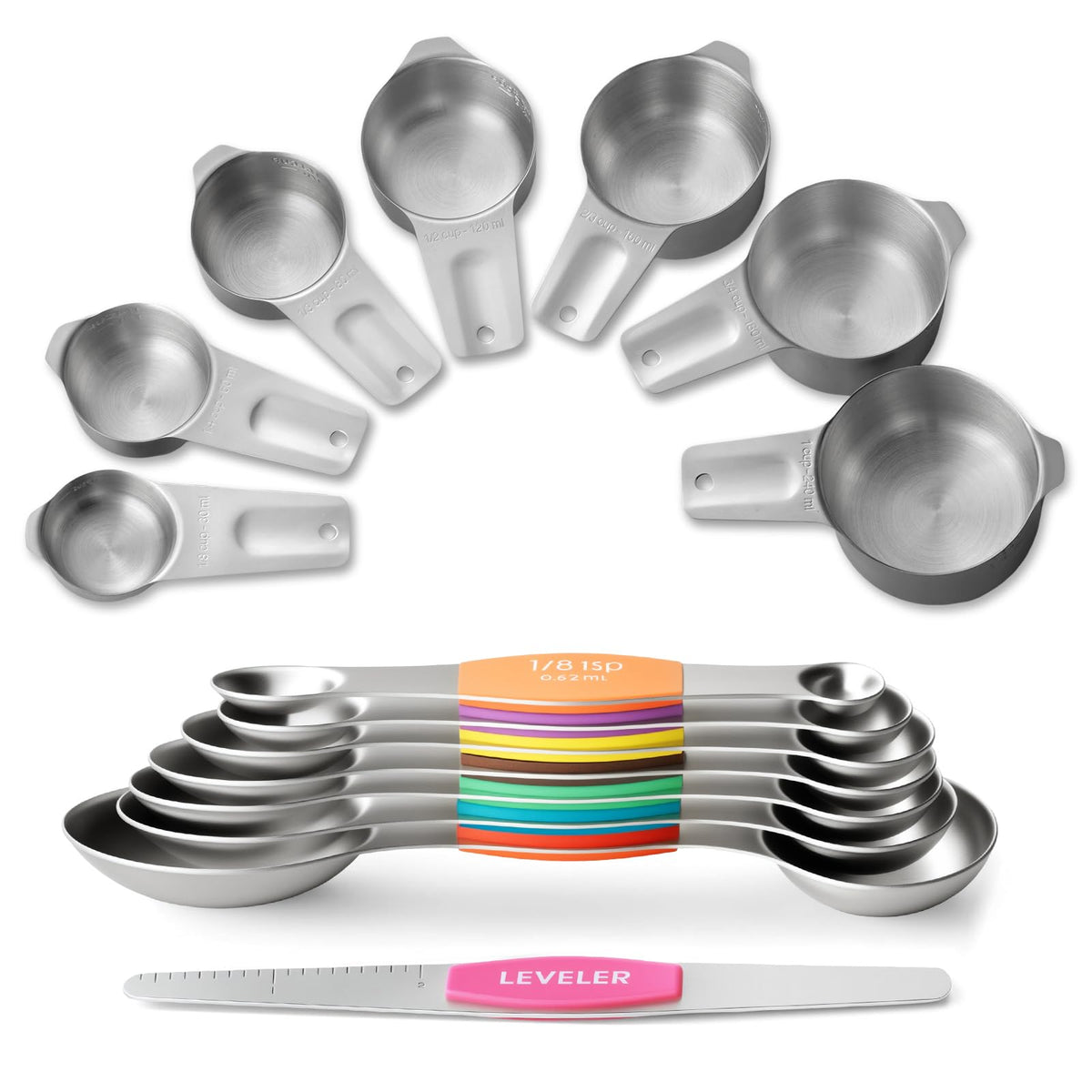 EWFEN stainless steel measuring cups set, front view, durable and accurate.