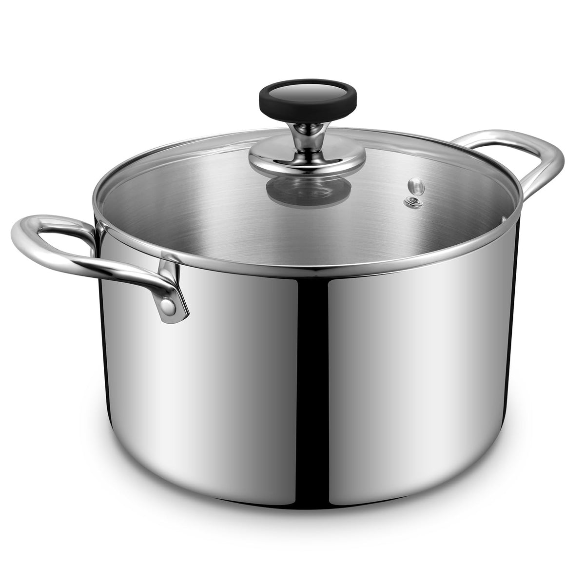 EWFEN Tri-Ply 8-Qt stock pot top view with lid, ideal for simmering sauces.