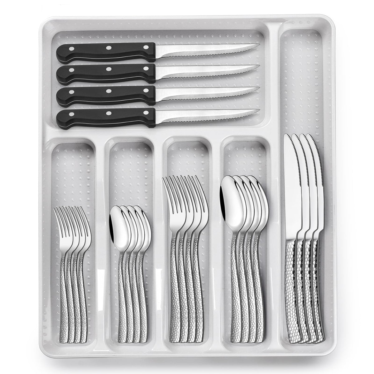 EWFEN wave-hammered silverware set with organizer for elegant table presentation.
