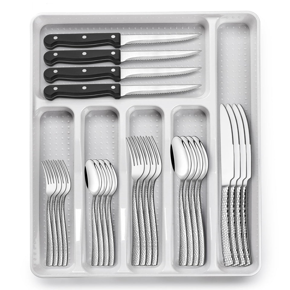 EWFEN wave-hammered silverware set with organizer for elegant table presentation.