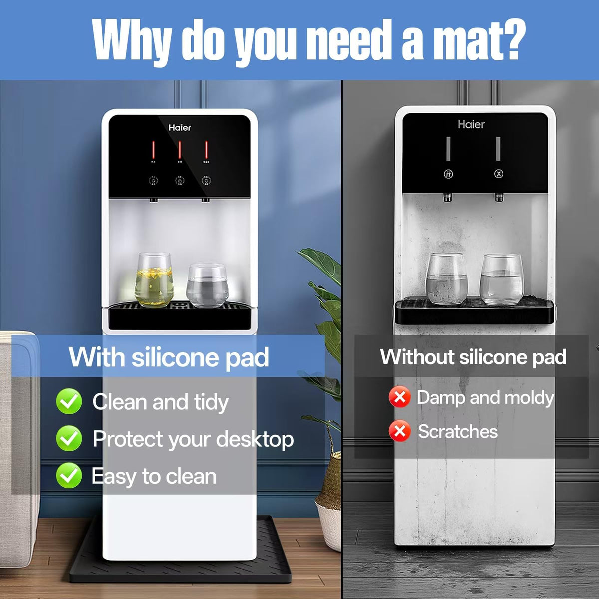 EWX Water Cooler Mat under coffee maker demonstrates convenient spill containment.