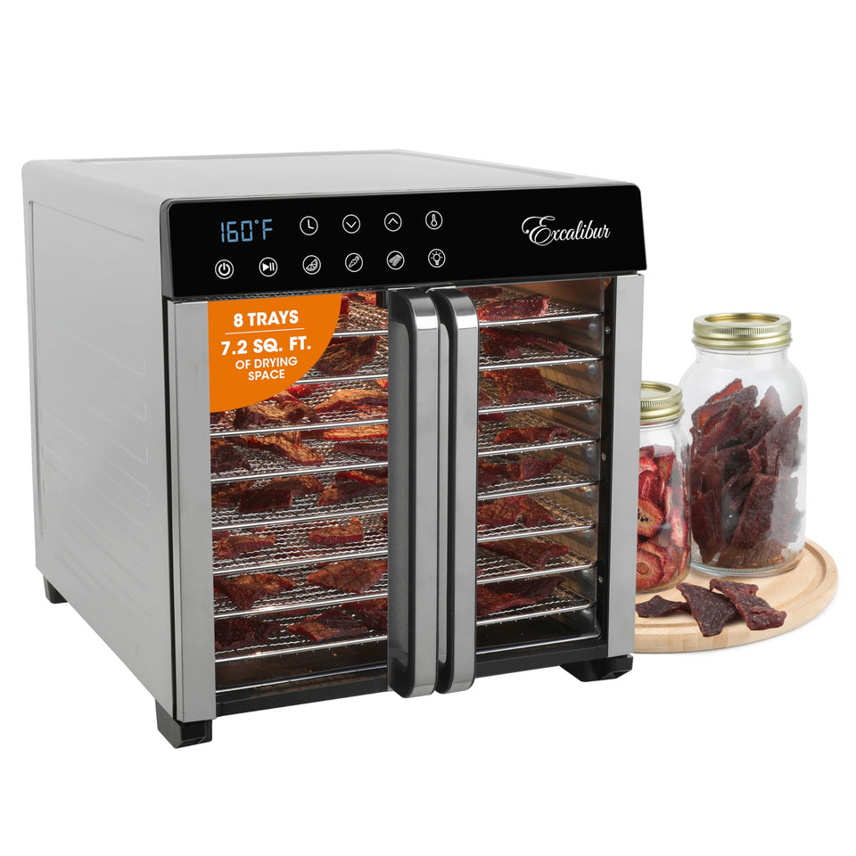 Excalibur 8-tray dehydrator front view with spacious chrome trays for large batches