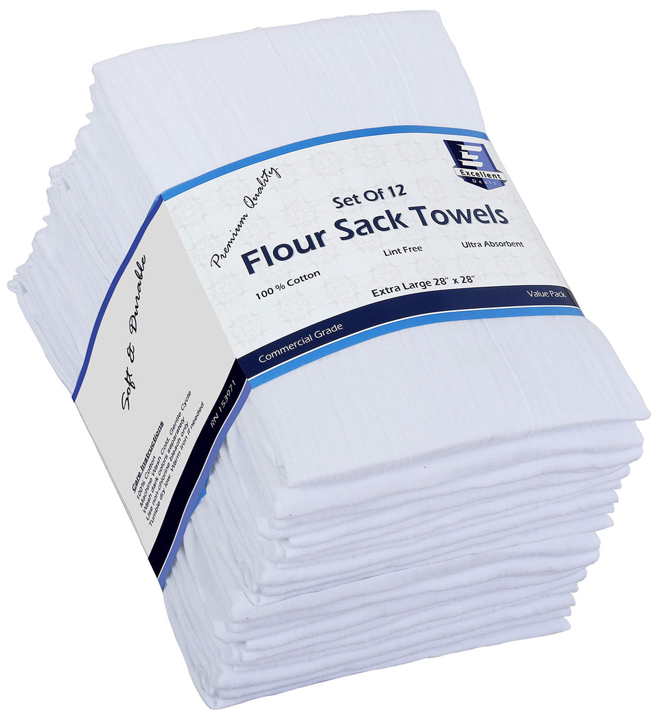 Excellent Deals Flour Sack Towel 12-pack, highly absorbent for dishes.