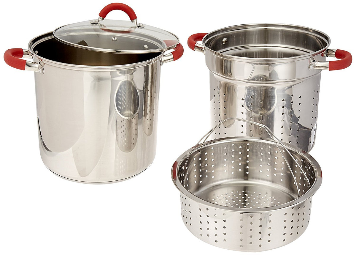 ExcelSteel 8 Qt pasta cooker with vented glass lid for steam control.