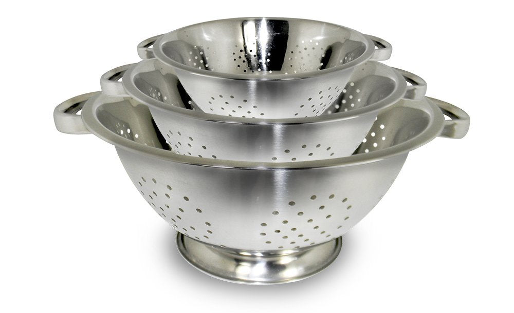 ExcelSteel colander set showing nesting design for compact storage and easy draining