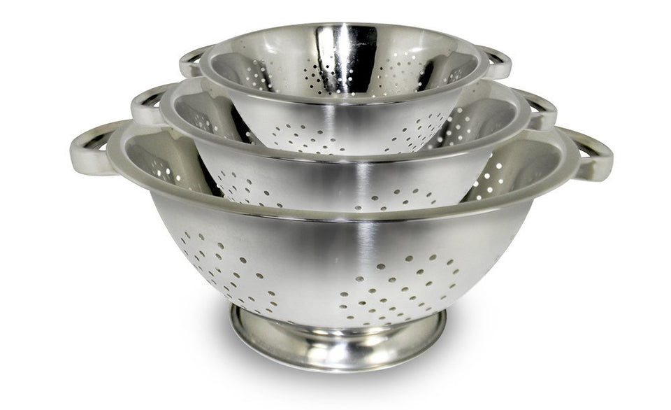 ExcelSteel colander set showing nesting design for compact storage and easy draining