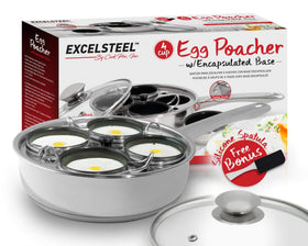 ExcelSteel egg poacher cups with nonstick coating ensure easy egg release.
