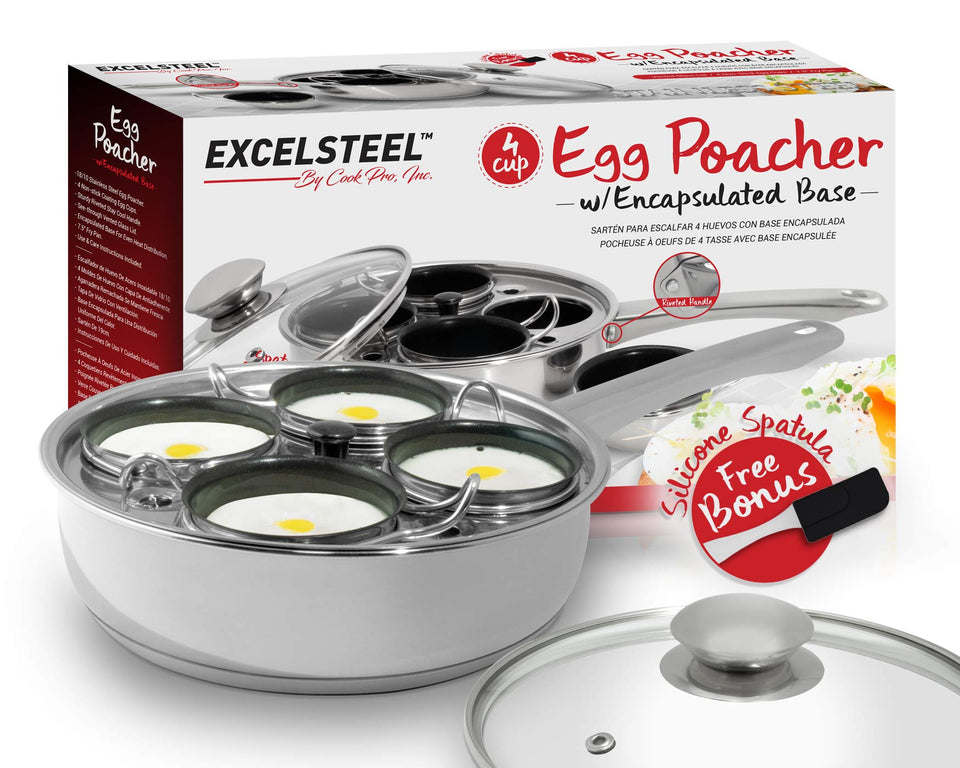 ExcelSteel egg poacher cups with nonstick coating ensure easy egg release.