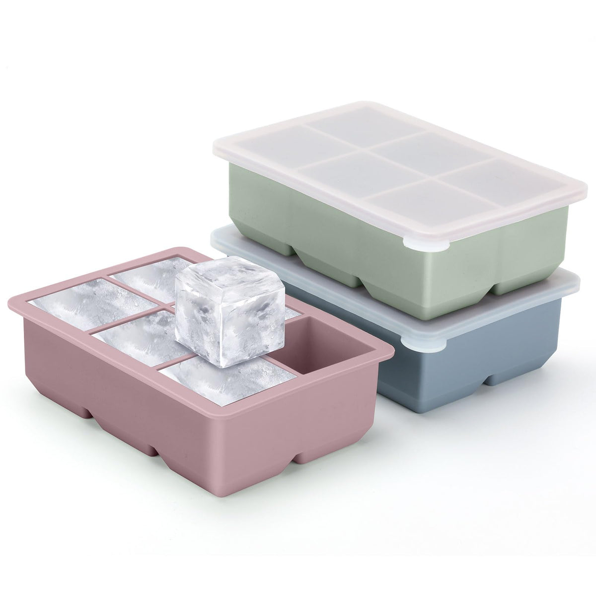 Excnorm large silicone ice cube tray in a 3-pack setup for bulk chilling.