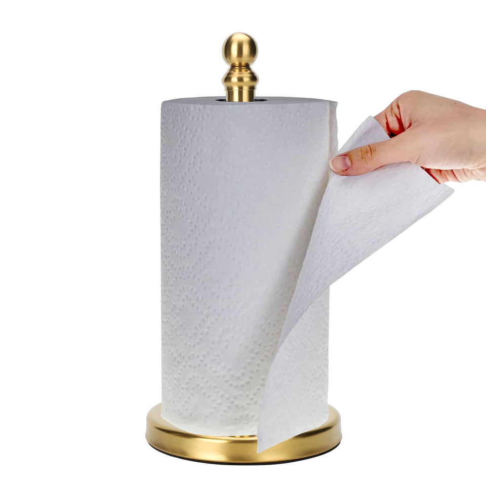 Exilon Gold paper towel holder with weighted base enabling easy one-handed tearing