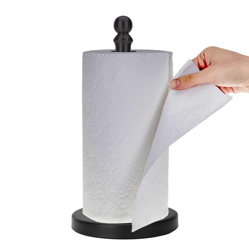 Exilon paper towel holder on counter with stable base for easy one-handed use