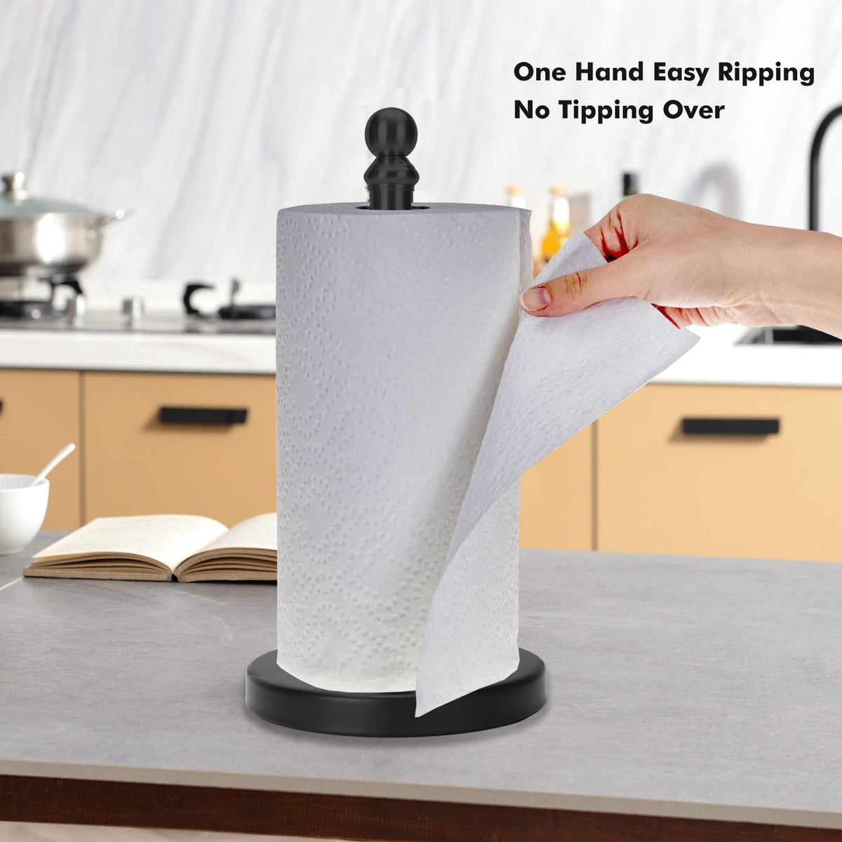 Weighted base prevents tipping while tearing towels with one hand