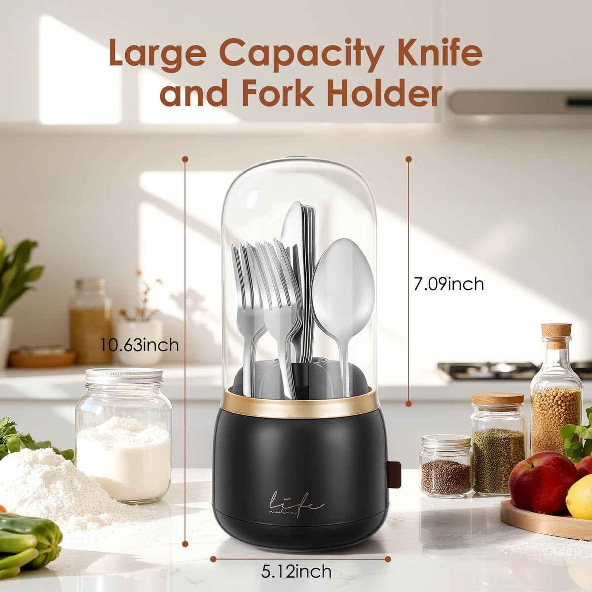 7-slot organizer neatly stores knives, forks, spoons and more.