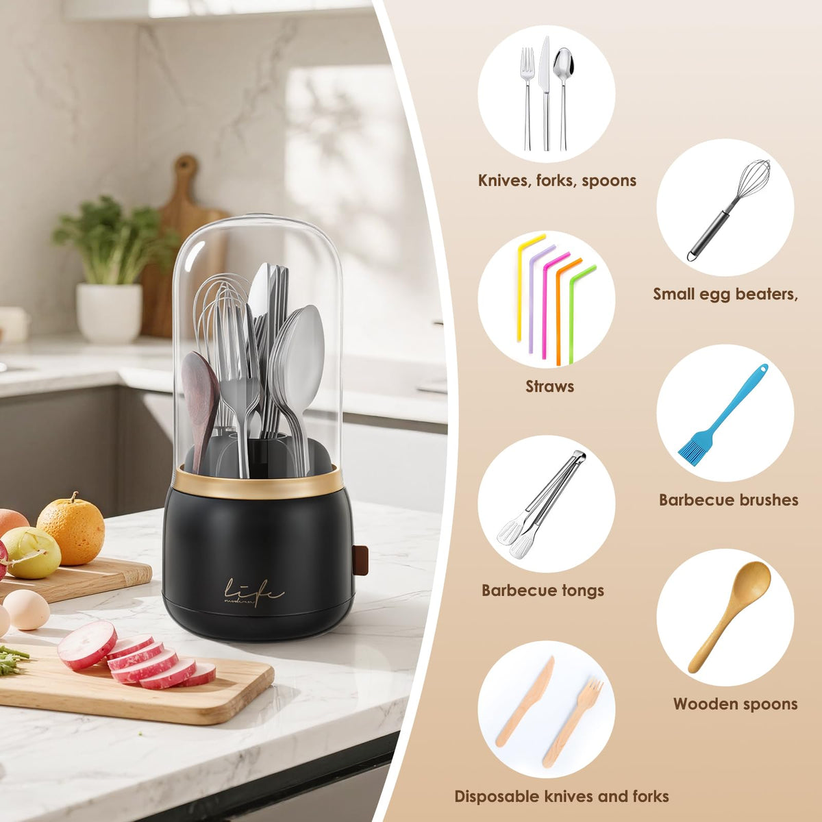 Compact EXIN DECHEN silverware organizer with drainage cover to keep items dry.