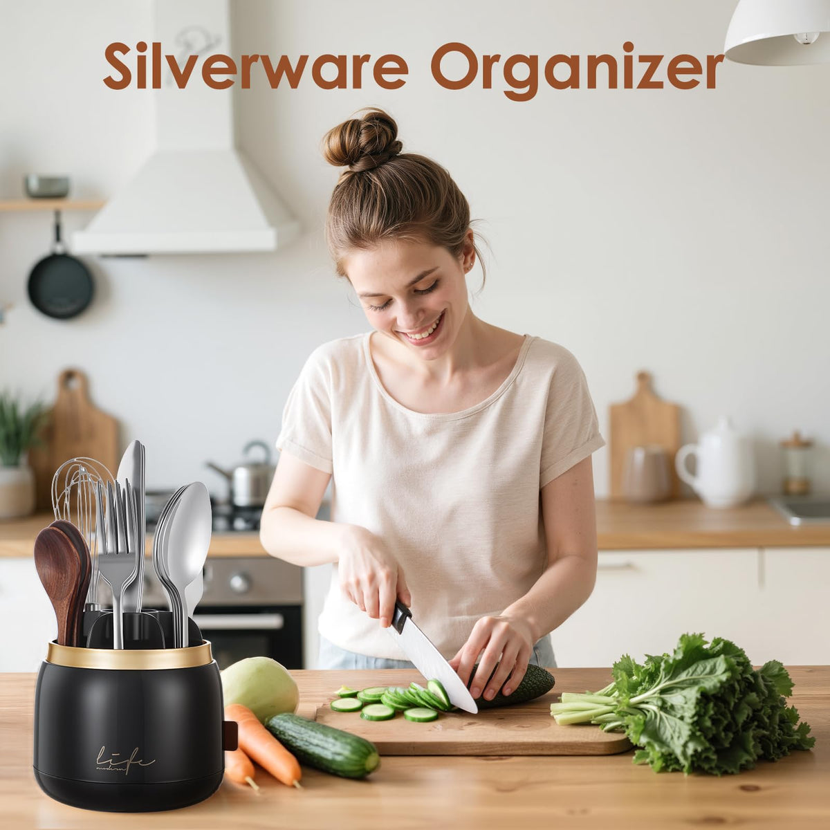 EXIN DECHEN silverware caddy with clear lid protects utensils from dust.