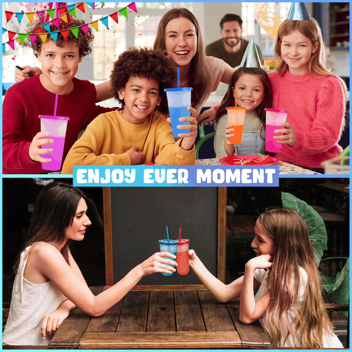 EXITOGLOBAL party set of color-changing tumblers with lids and straws for celebrations.