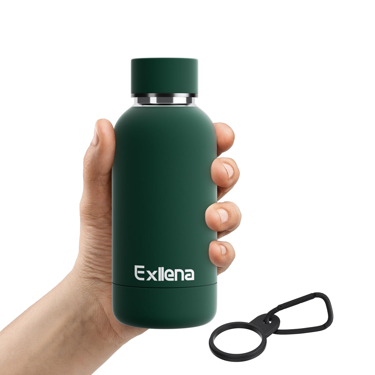 Exllena 12oz emerald-green bottle with clip for easy on-the-go hydration.