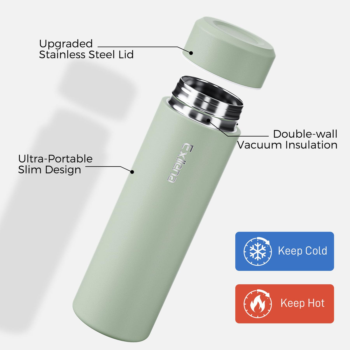 Exllena bottle shows leak-proof sealing ring for secure transport.