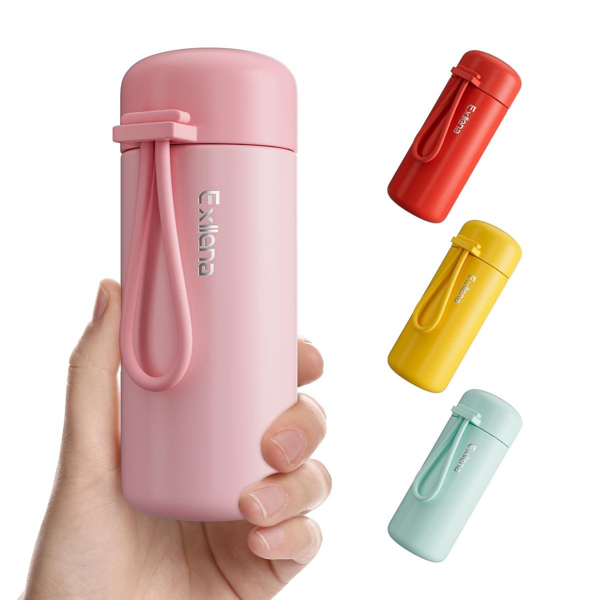 Exllena mini water bottle with pink cap, compact 5oz size for on-the-go hydration.