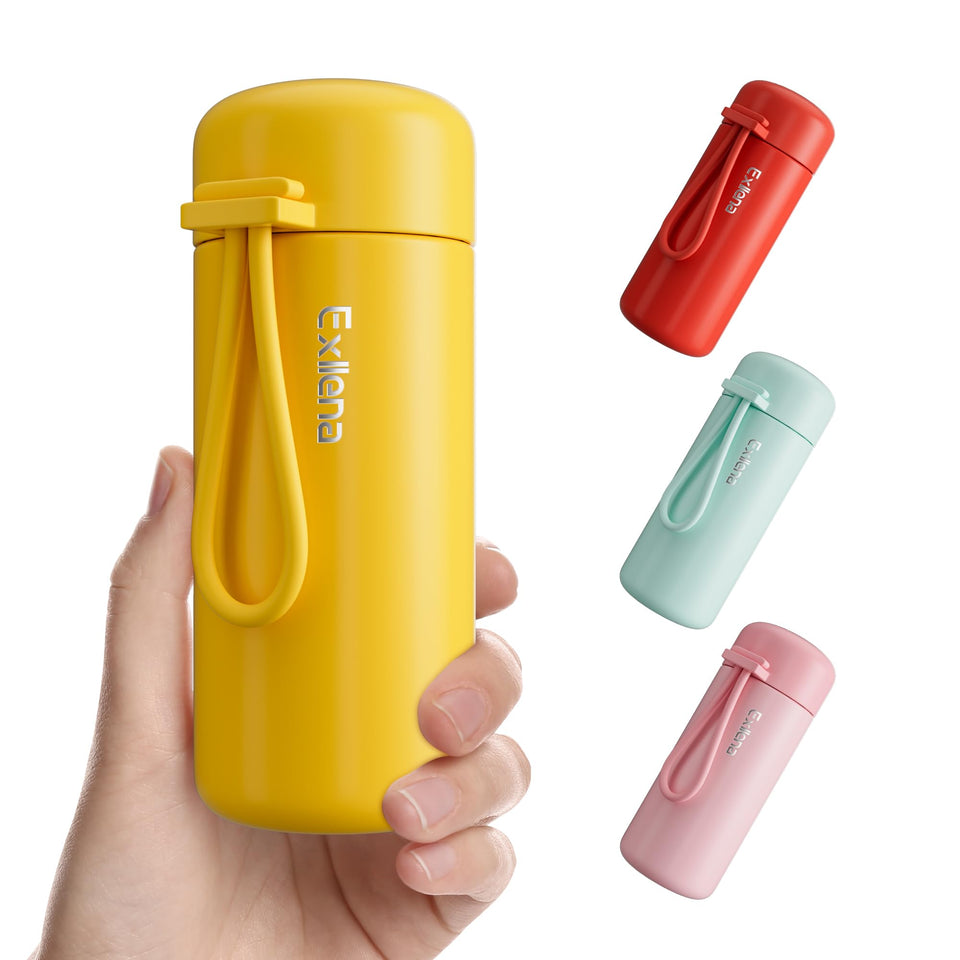 Exllena Mini Water Bottle cap closeup shows leak-proof seal for spill-free portability.