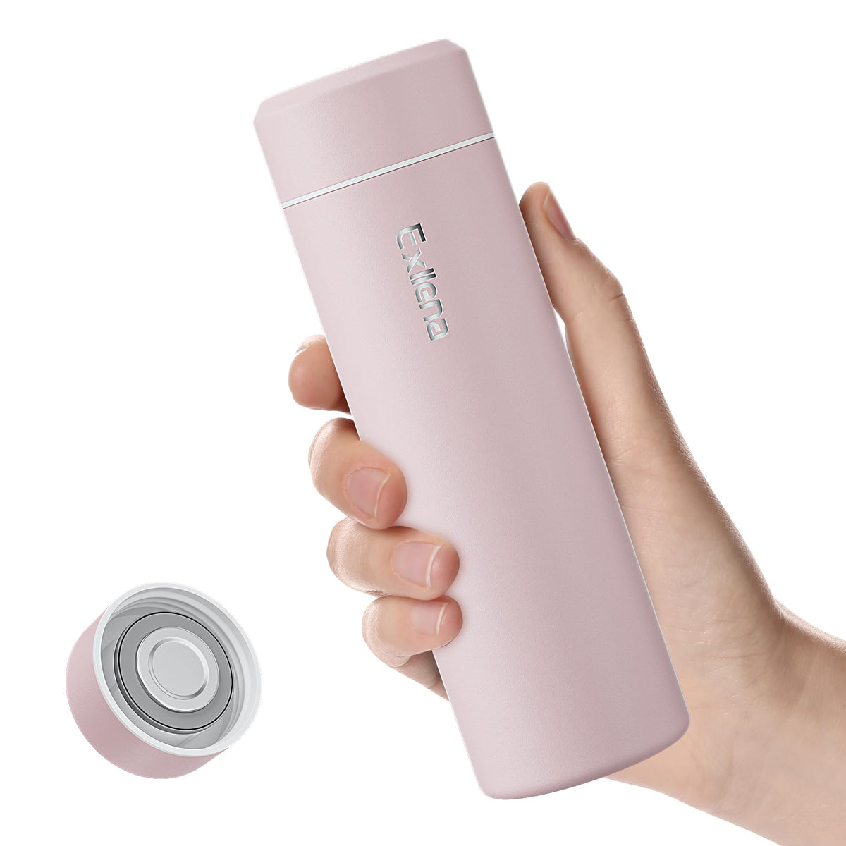 Exllena small insulated water bottle with pink cap, portable for on-the-go hydration
