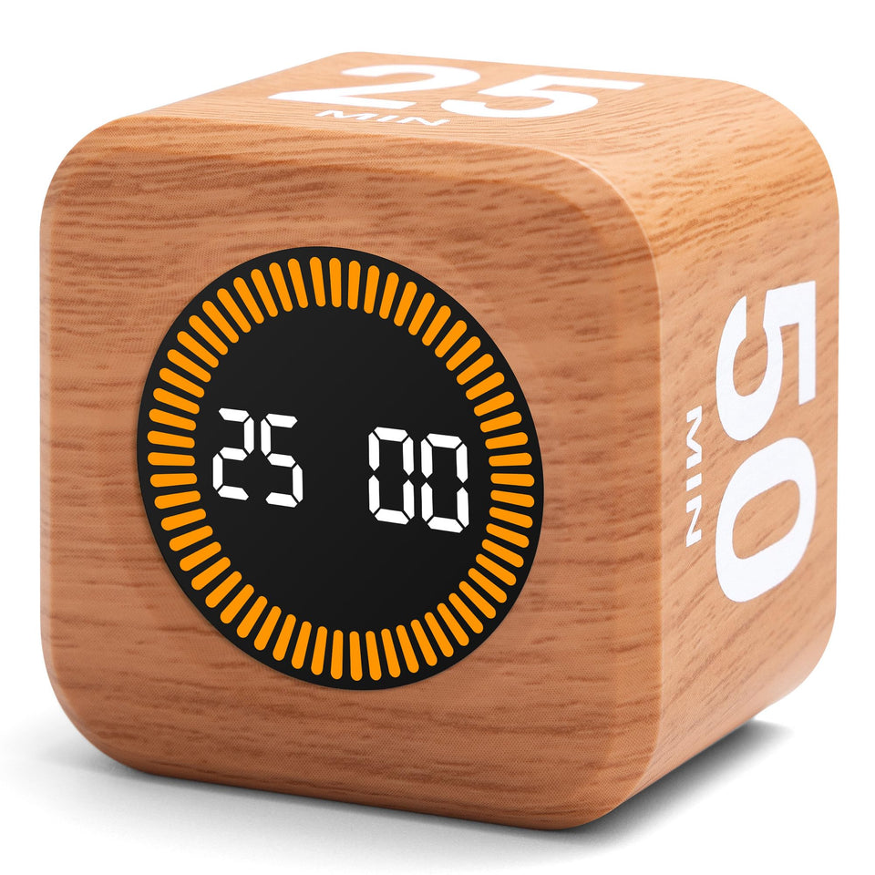 Exlliy rotating productivity timer with wood grain finish, front view for stylish desks