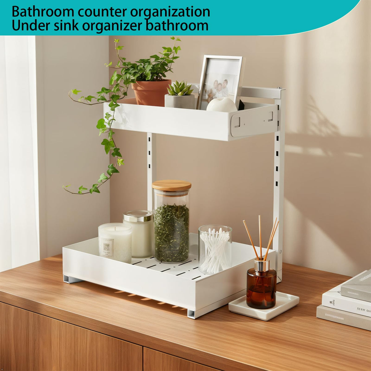 Exovyn adjustable-height cabinet organizer adapts to tall bottles and various storage needs.