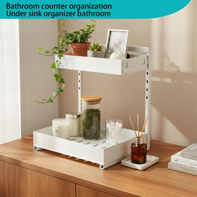 Exovyn adjustable-height cabinet organizer adapts to tall bottles and various storage needs.