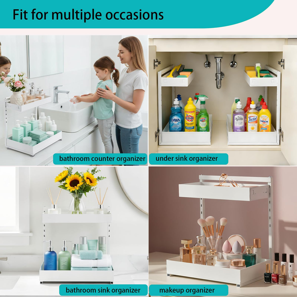 Exovyn multipurpose organizer fits kitchen, bathroom, and vanity setups for tidy surfaces.