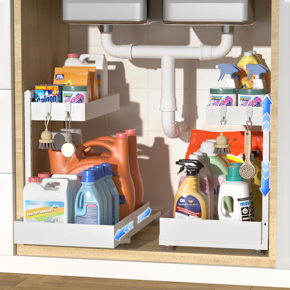 Exovyn under-sink organizer 2-tier drawer keeps essentials neatly organized under the sink.