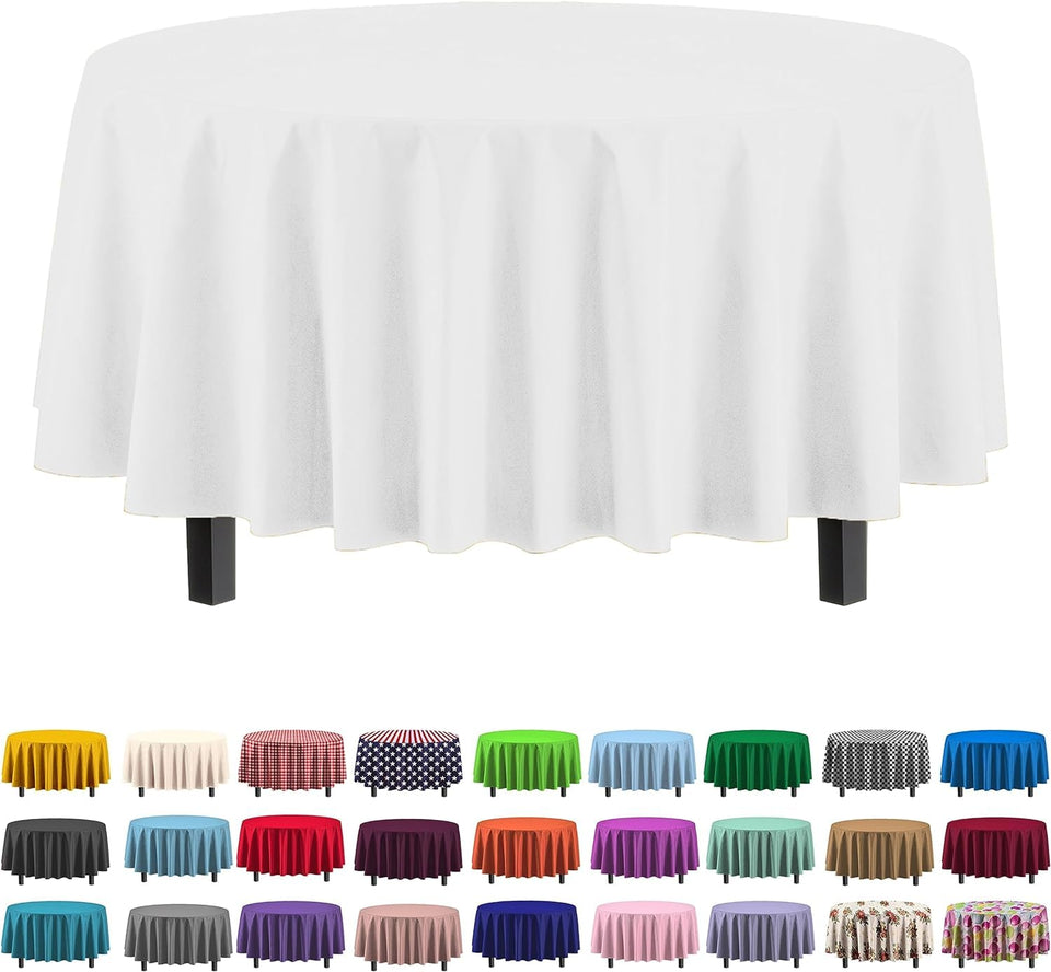 Exquisite 12-pack round white tablecloth laid on an 84-inch table for gatherings