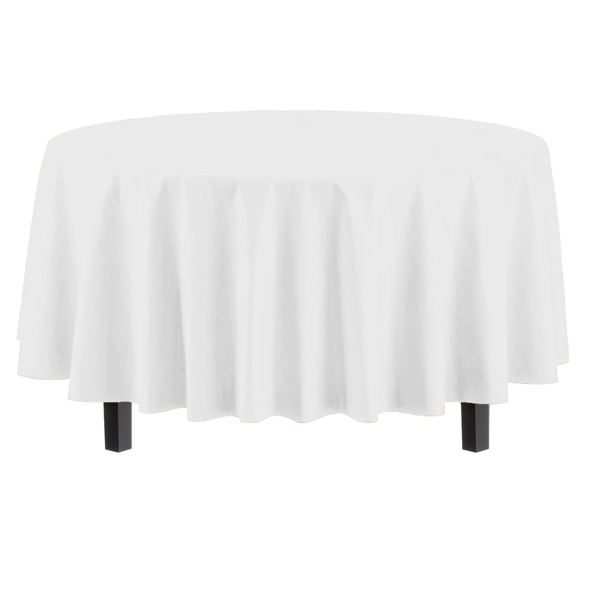 Exquisite 12-pack round white tablecloth displayed on an 84-inch table for easy cleanup
