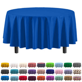 Exquisite 12-pack round tablecloth in dark blue covering an 84-inch table.