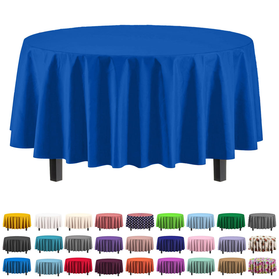 Exquisite 12-pack round tablecloth in dark blue covering an 84-inch table.