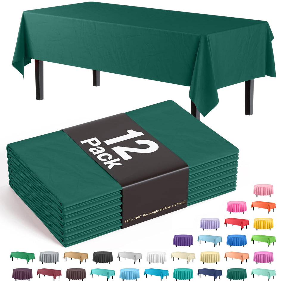 Exquisite 12-pack tablecloth dark green flat lay for quick party setup.