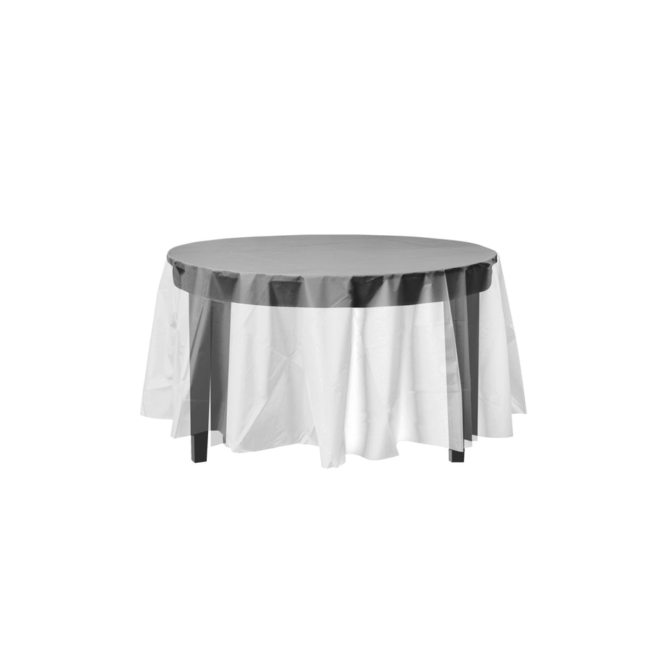 Exquisite 84-inch round clear tablecloth protects surfaces during events.