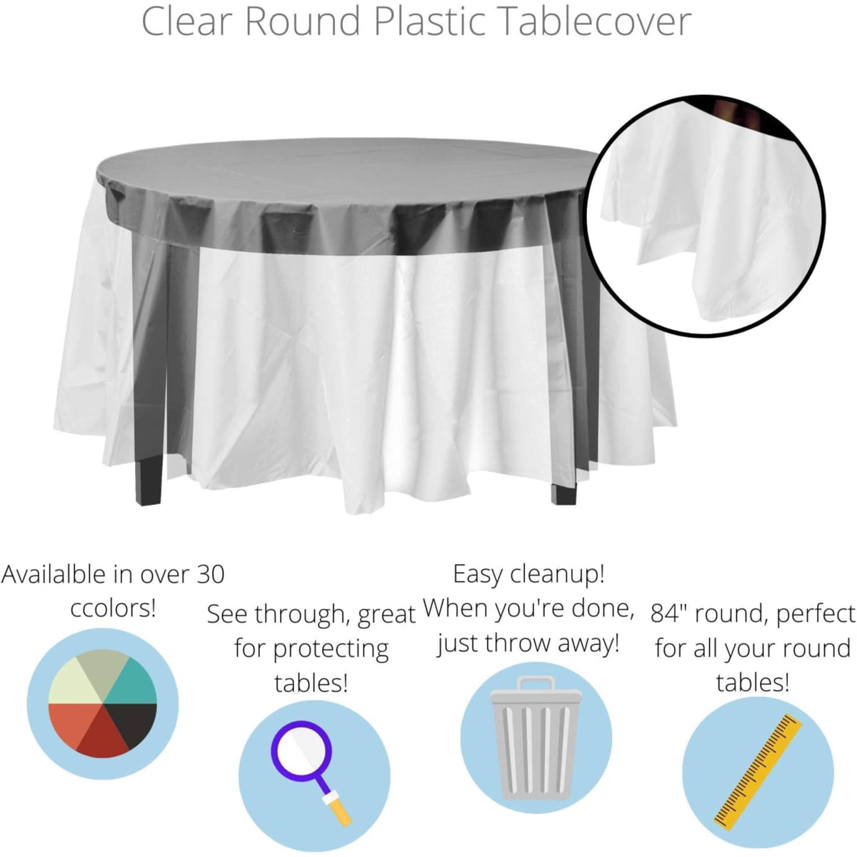 Exquisite clear tablecloth covers a round table for easy cleanup after meals.