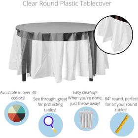 Exquisite clear tablecloth covers a round table for easy cleanup after meals.