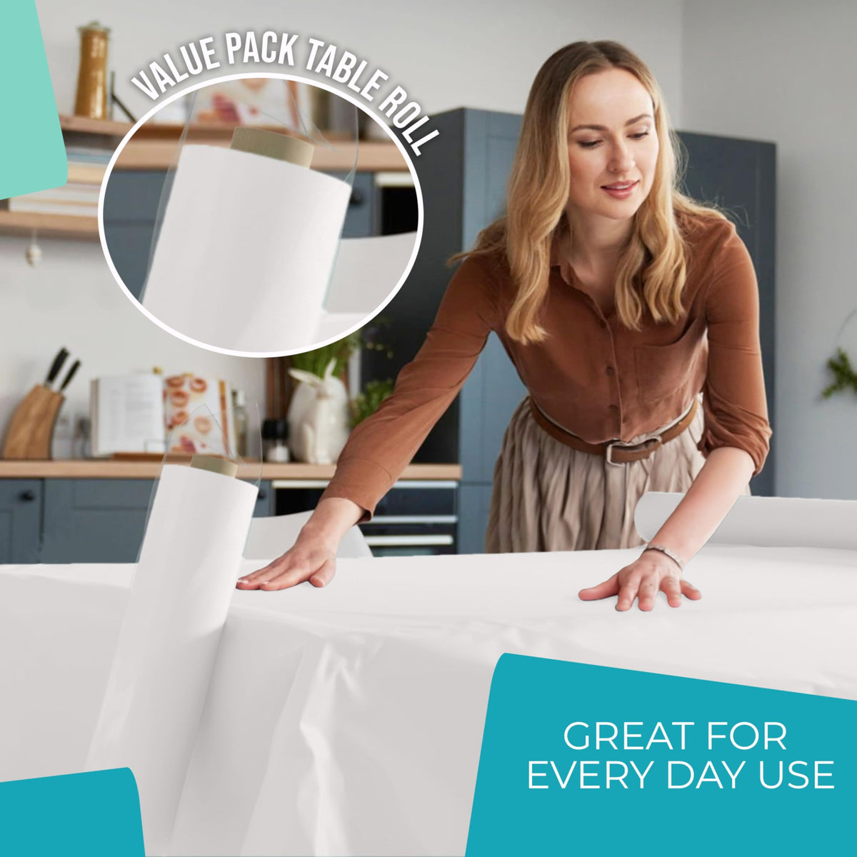 Exquisite Basic White Table Cover Roll at wedding reception table providing elegant protection