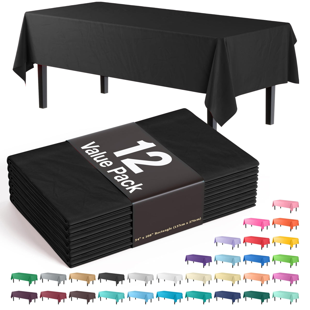 Exquisite black tablecloth 54x108 pack-shot protecting tables at events.