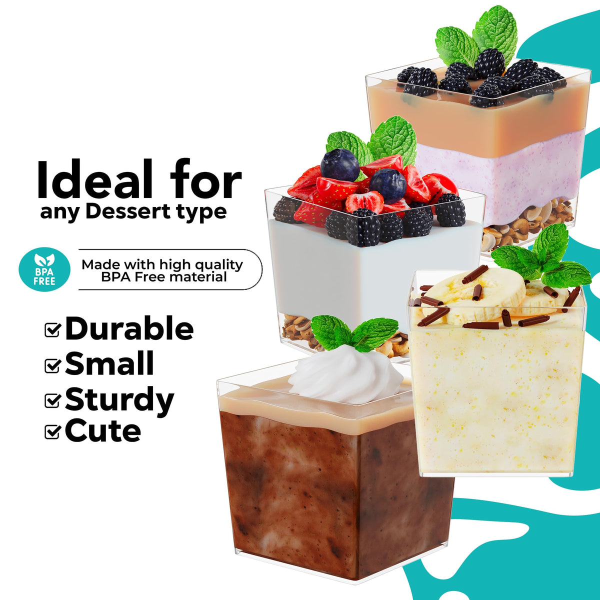 Exquisite clear plastic dessert cups ideal for party setup and easy cleanup.