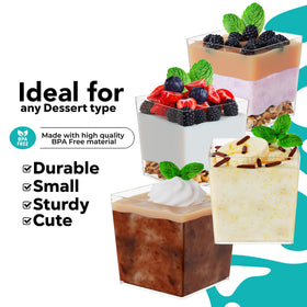 Exquisite clear plastic dessert cups ideal for party setup and easy cleanup.