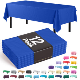 Exquisite dark blue 54x108 tablecloth 12-pack flatlay protecting tables for events.