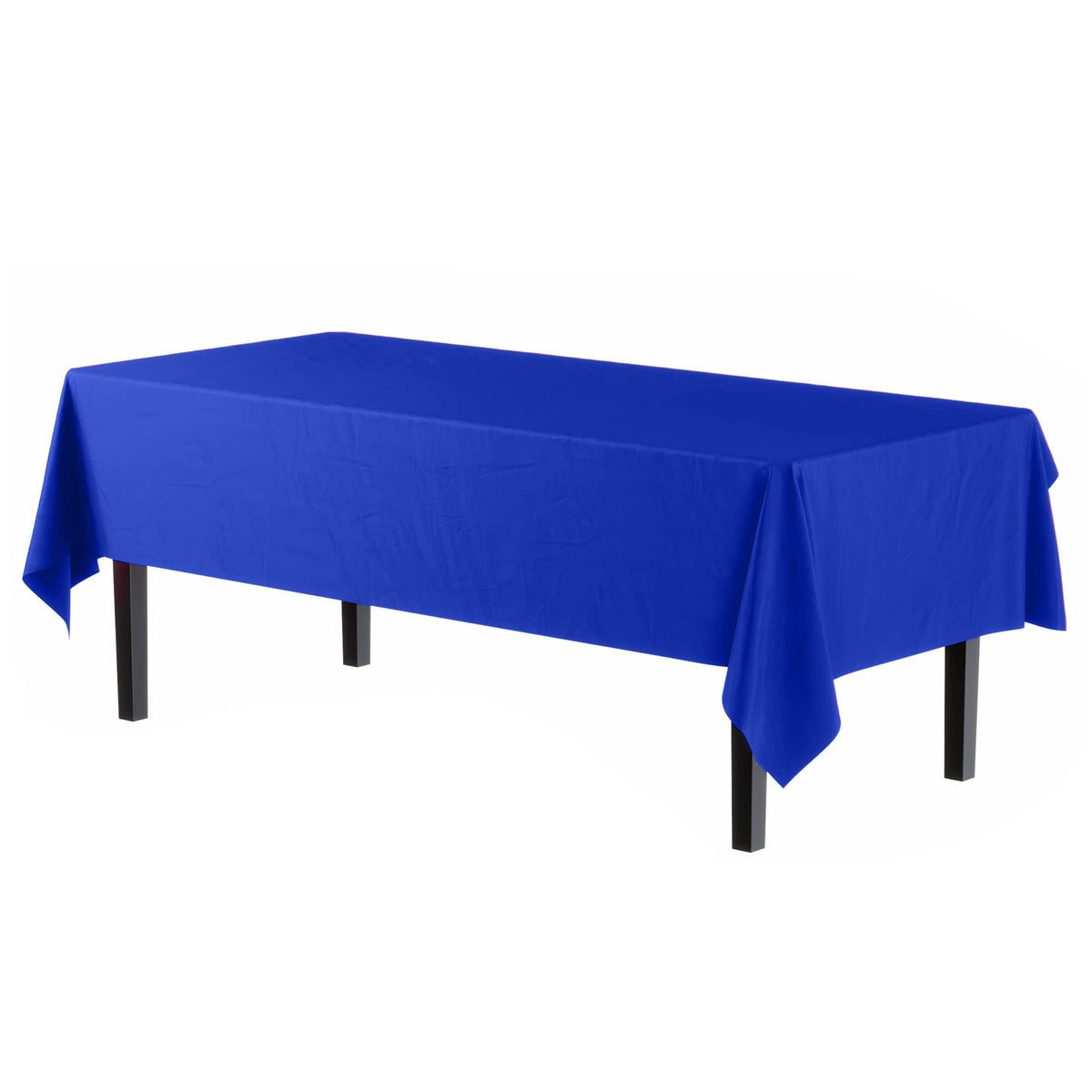 Exquisite dark blue tablecloth on dining table setup hides spills and enhances decor.