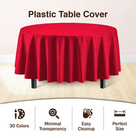 Exquisite disposable red round tablecloth 84in keeps tables clean after events.