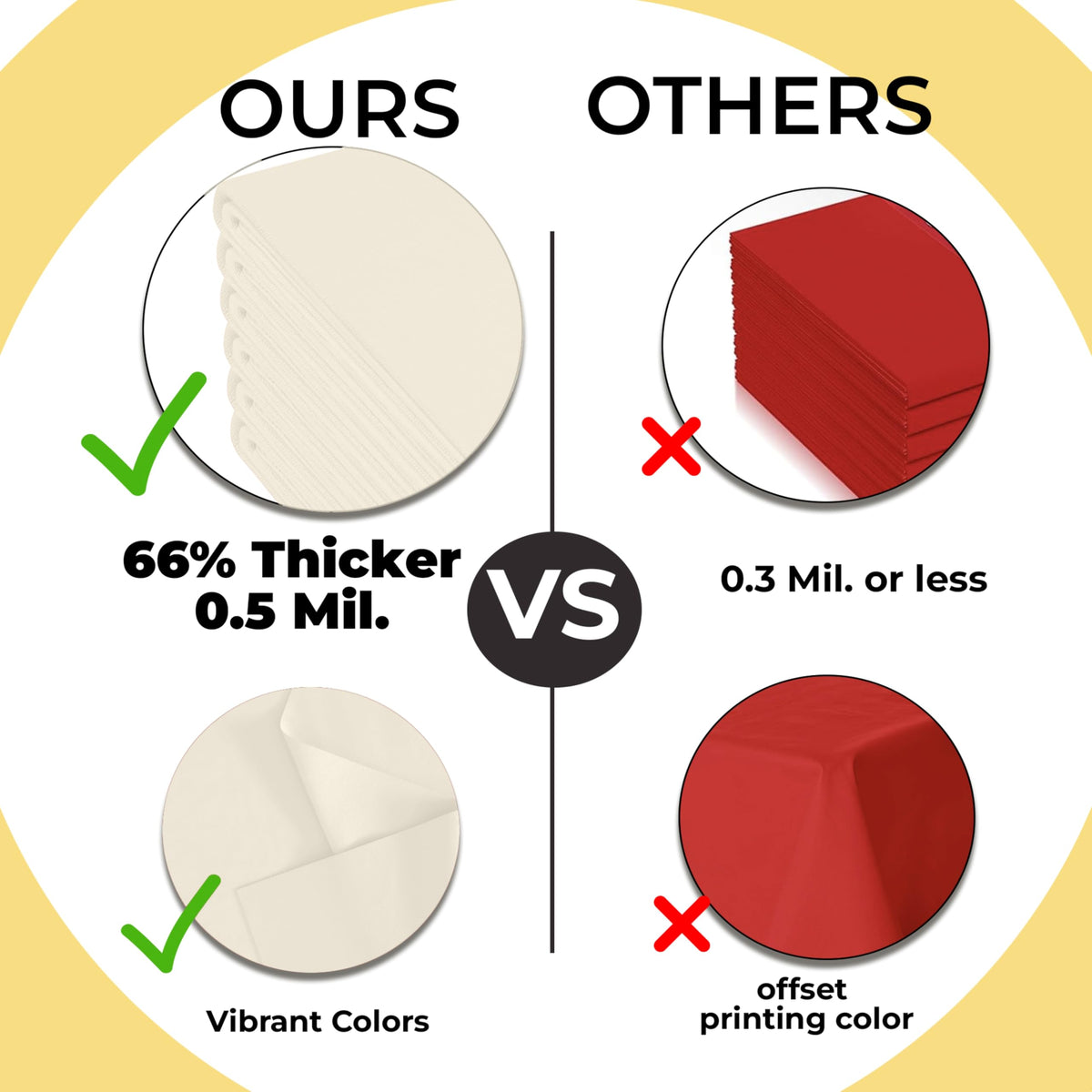 Exquisite ivory disposable tablecloth offers 0.5 mil thickness for better opacity